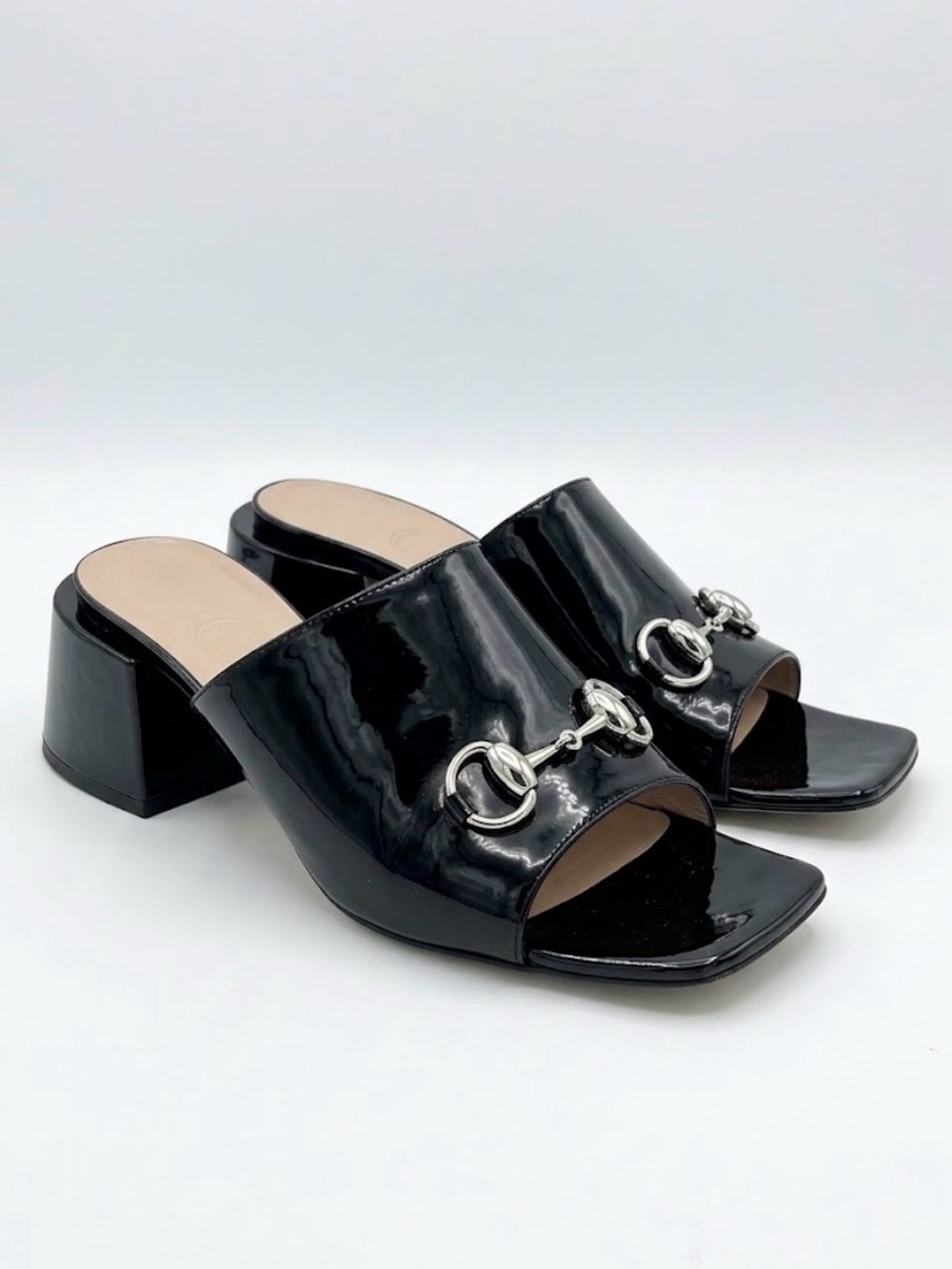 GUCCI Black Patent Leather Horsebit Block Heel Mule Sandal Size 39.5
